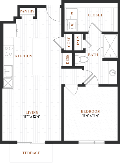Floor plan for 1 bed, 1 bath, 743 sqft